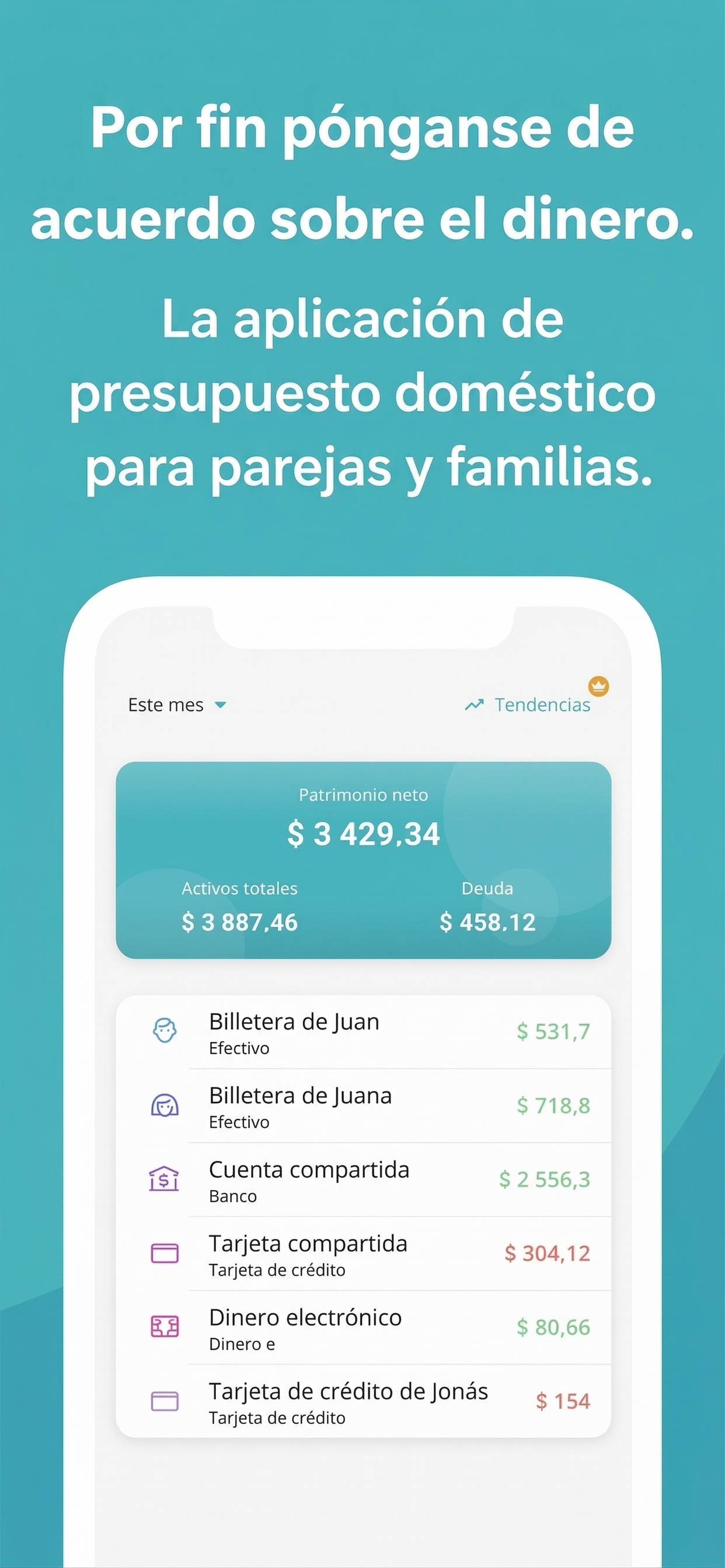 Captura de Manebo con el patrimonio neto y las cuentas compartidas