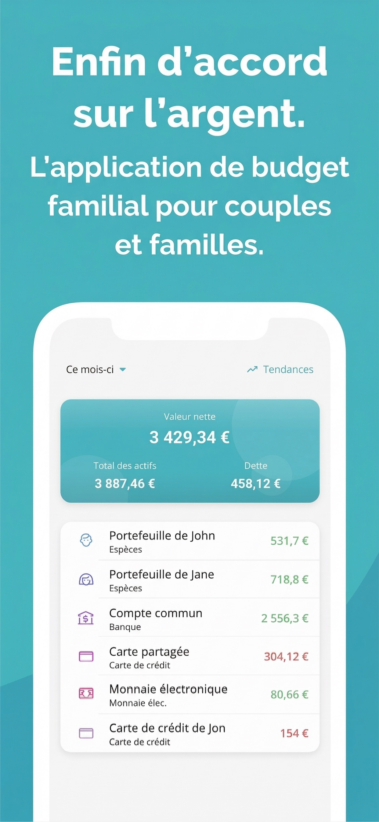 Capture d'écran de Manebo montrant le patrimoine net et les comptes partagés