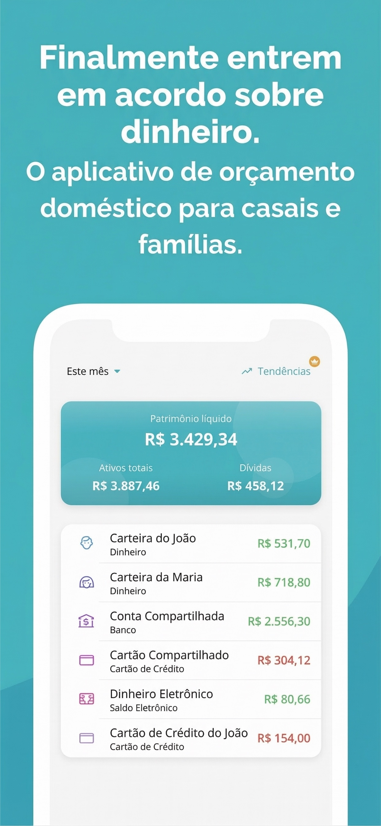 Captura de tela do Manebo com patrimônio líquido e contas compartilhadas