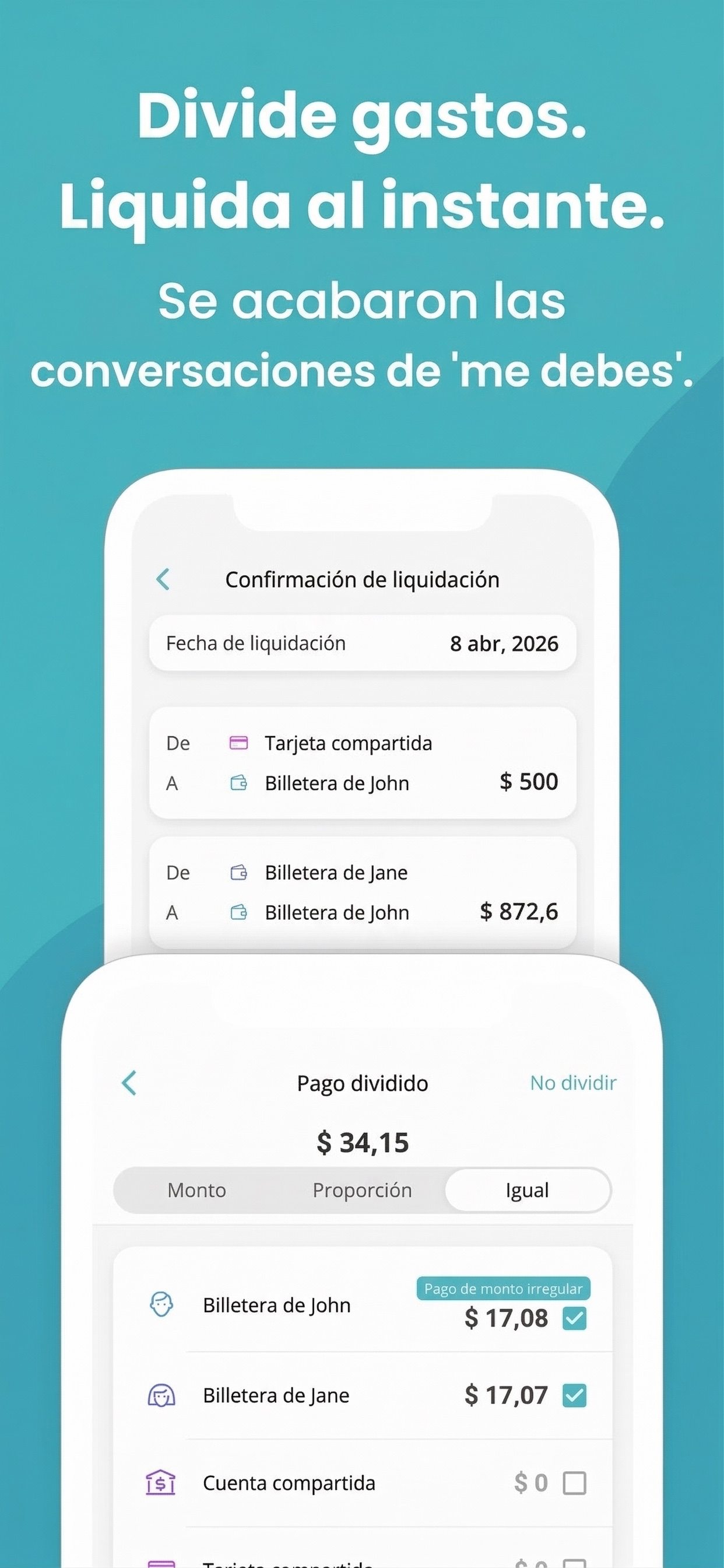 Captura de Manebo dividiendo una cuenta y saldando gastos