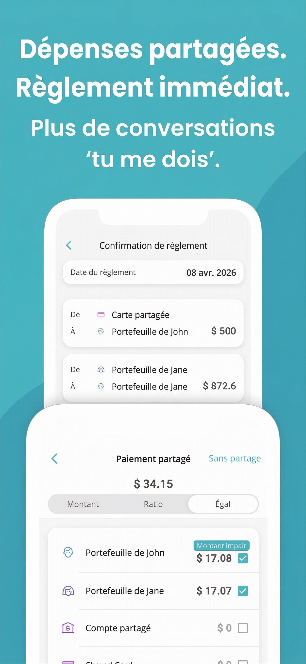Capture d'écran de Manebo montrant le partage de facture et le règlement des comptes