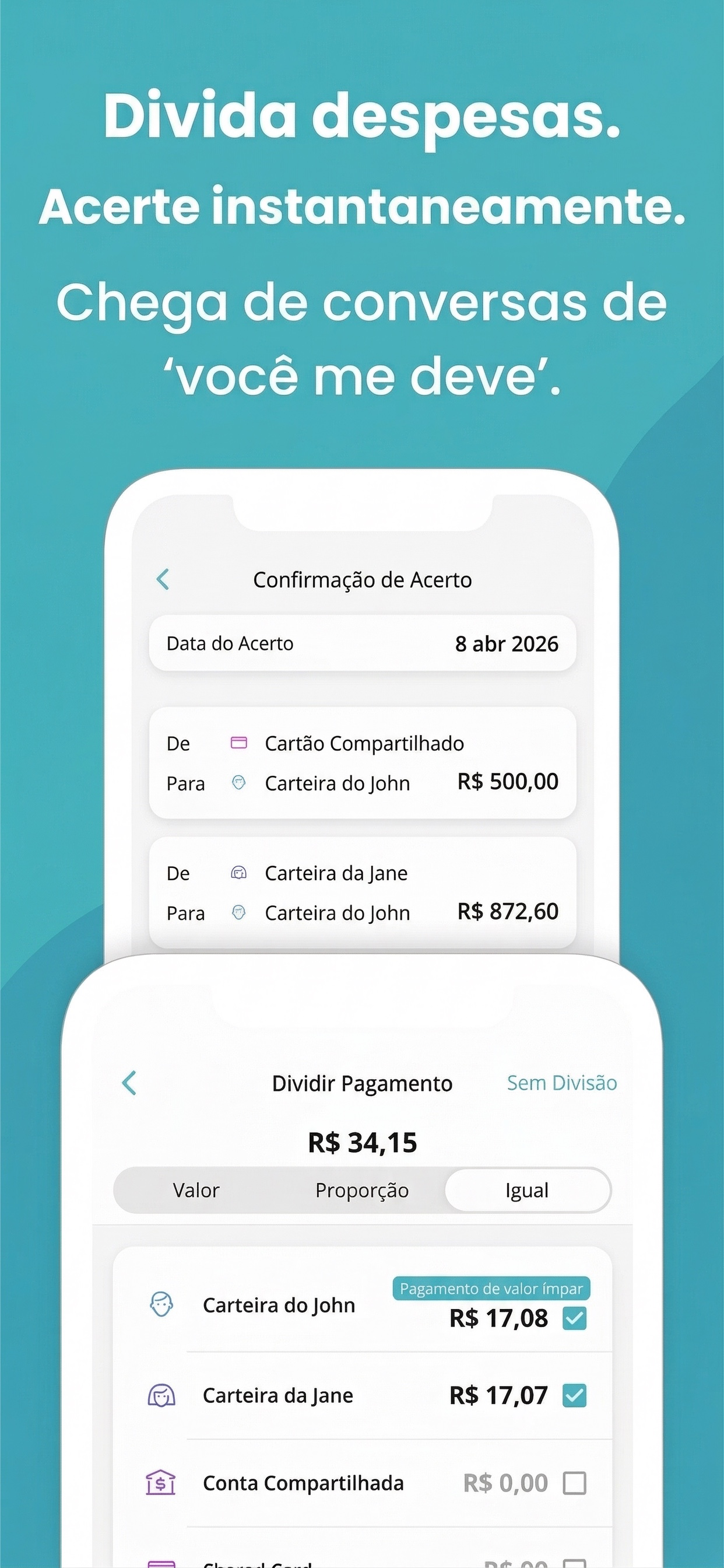 Captura de tela do Manebo dividindo contas e acertando as contas