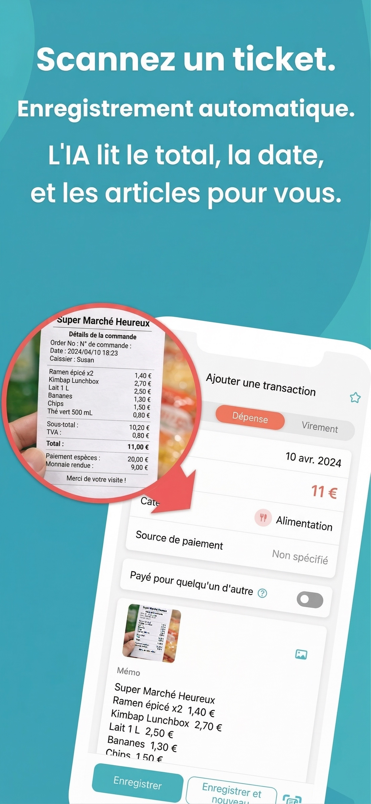 Capture d'écran de la numérisation de reçus par IA de Manebo