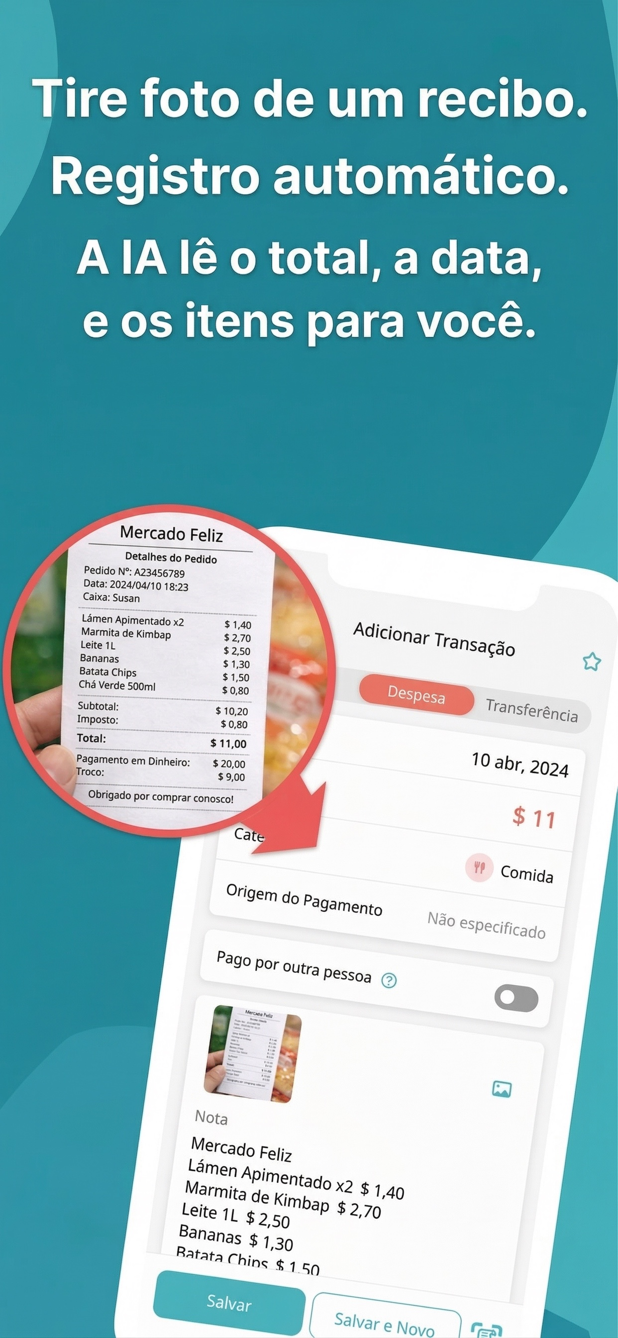 Captura de tela do Manebo com escaneamento de recibos por IA