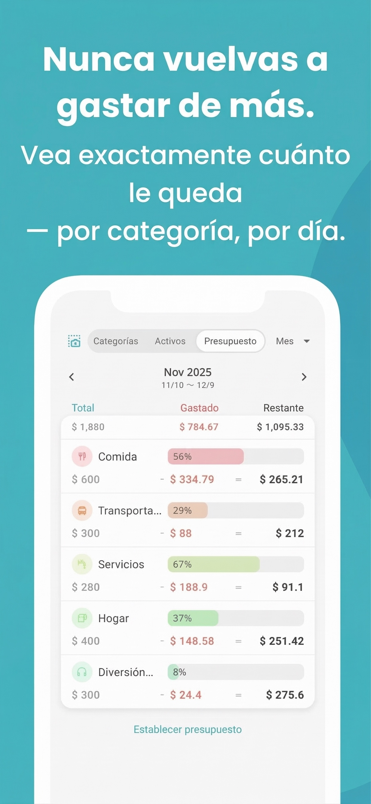 Captura de Manebo con presupuesto por categoría y aviso de exceso de gasto