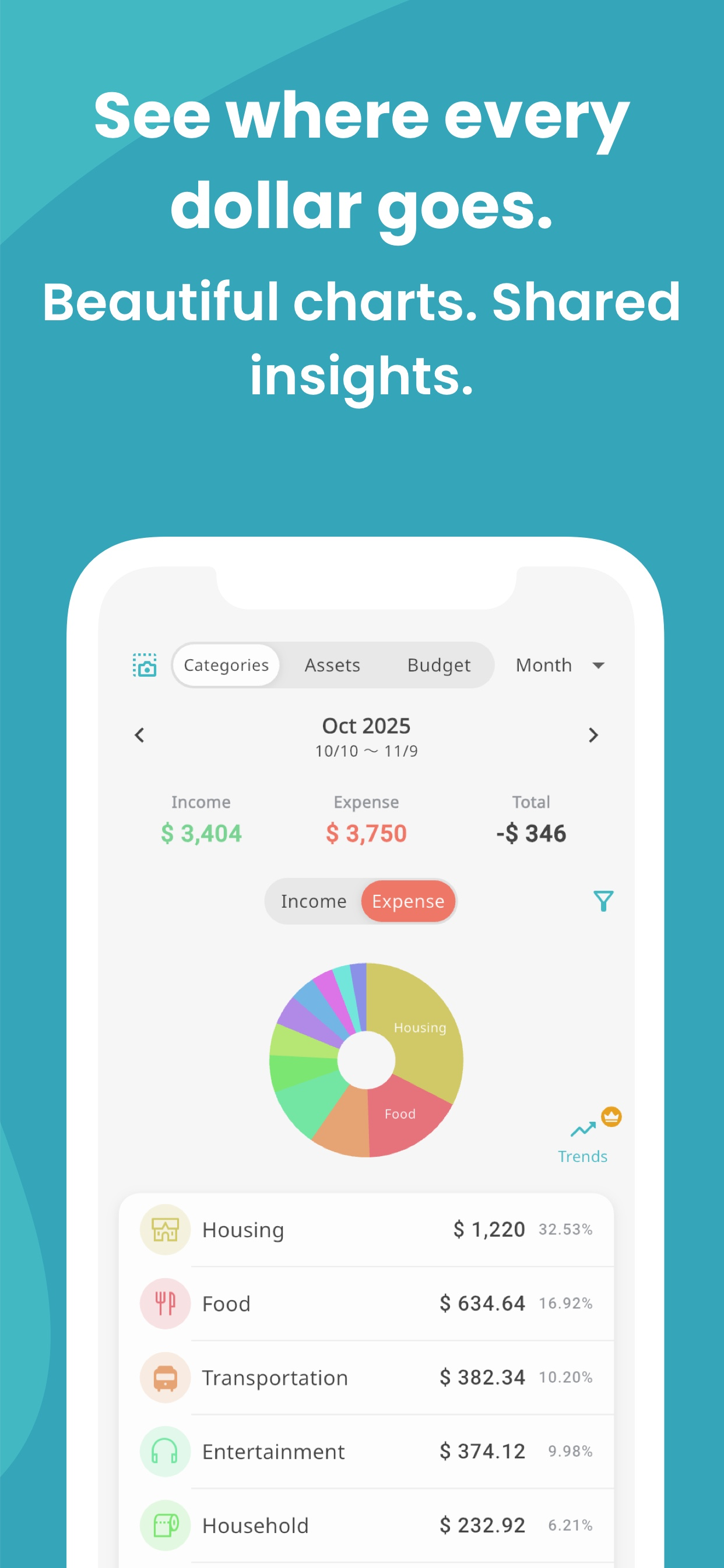Manebo spending charts and insights screenshot