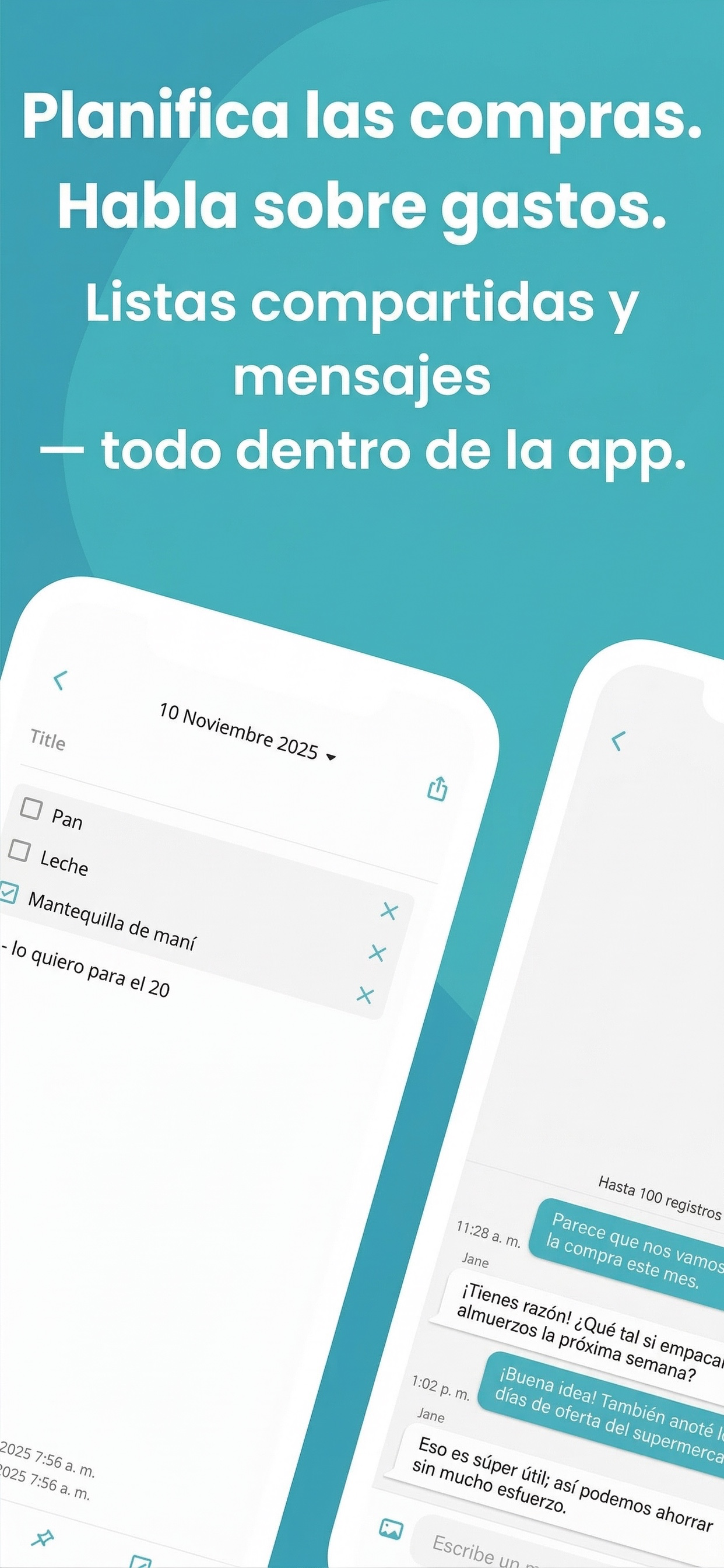 Captura de Manebo con lista de la compra compartida y chat