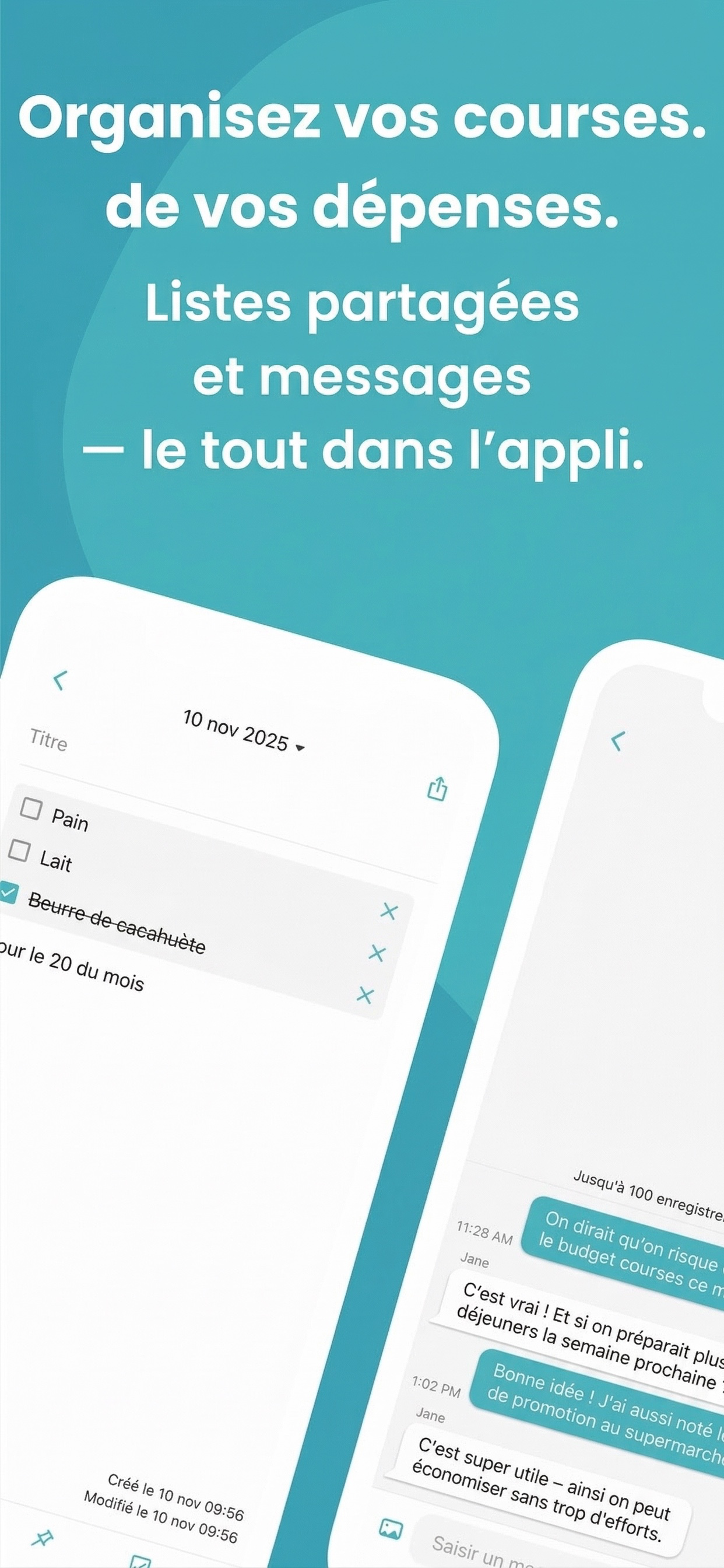 Capture d'écran de la liste de courses partagée et du chat de Manebo