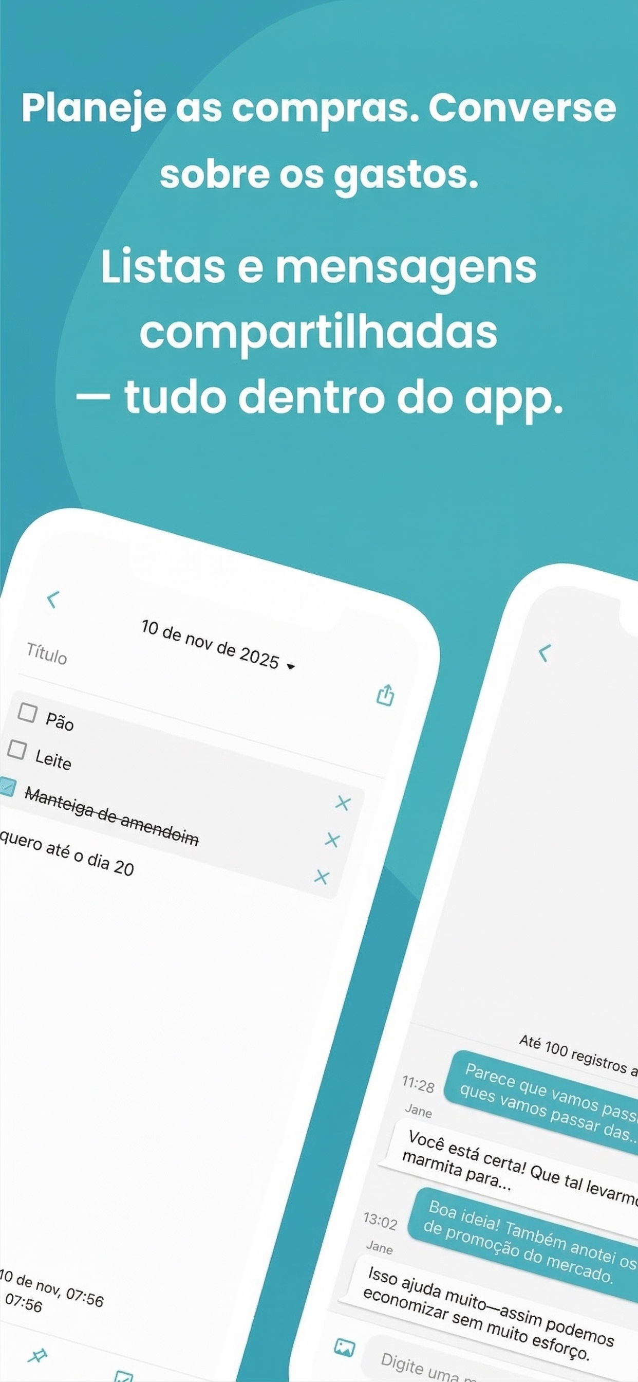 Captura de tela do Manebo com lista de compras compartilhada e chat