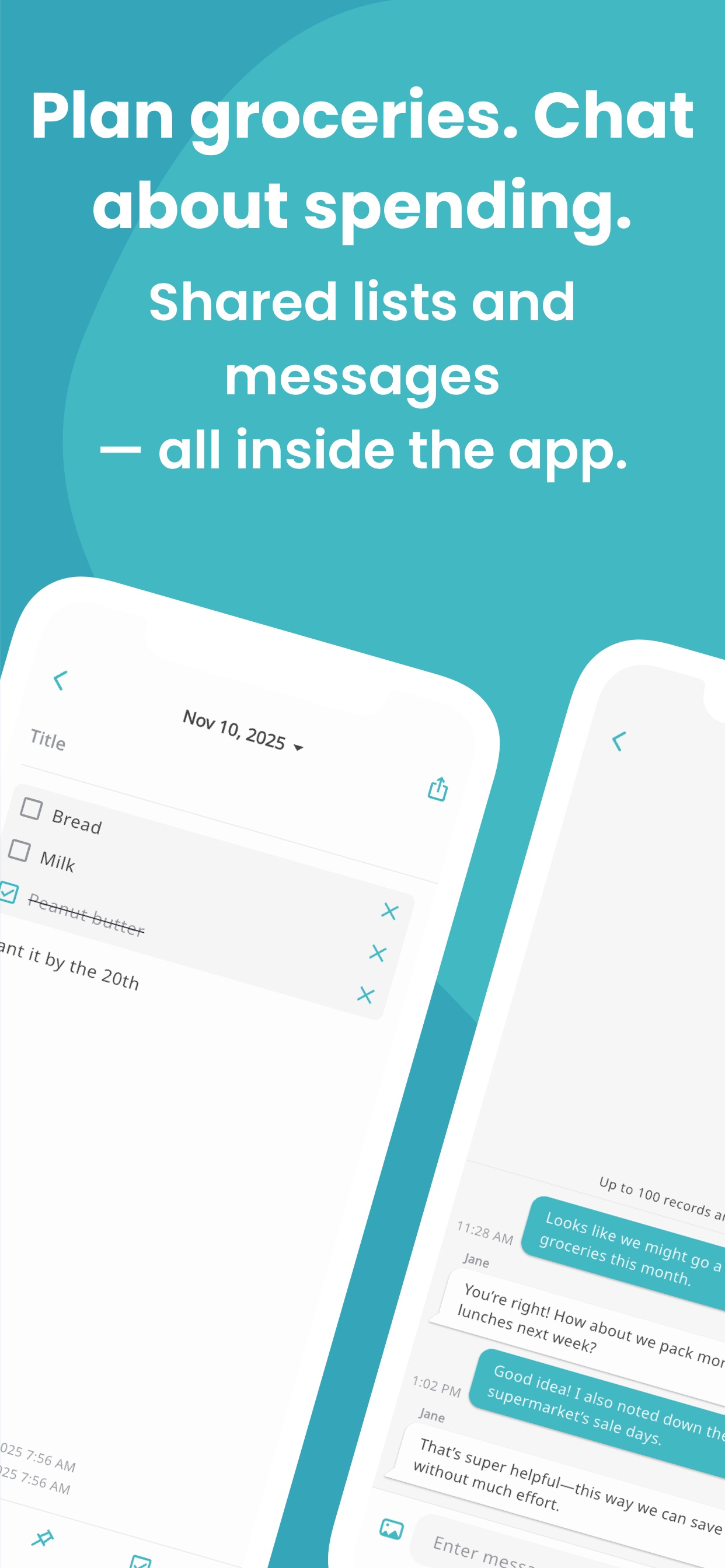 Manebo shared shopping list and chat screenshot